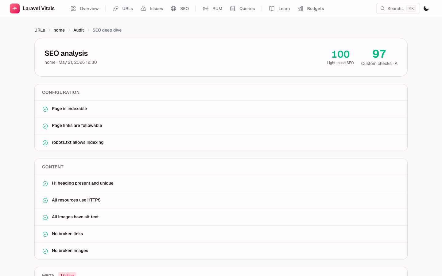 Per-audit SEO deep view — checks grouped by Configuration / Content / Meta / Performance