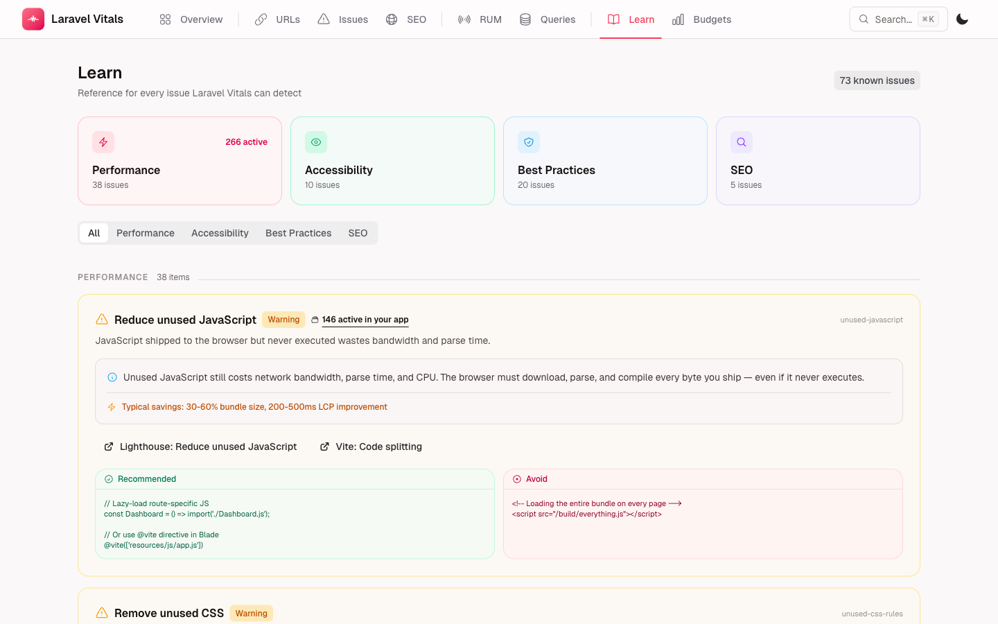 Learn — category tiles and severity-tinted recommendation cards