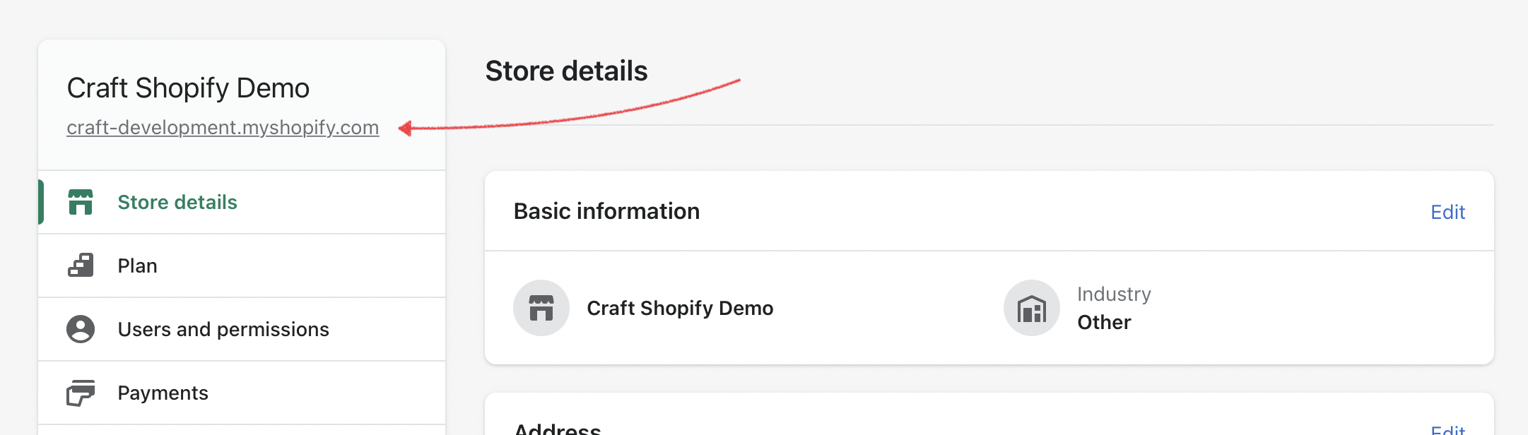 Screenshot of the settings screen in the Shopify admin, with an arrow pointing to the store’s default hostname in the sidebar.