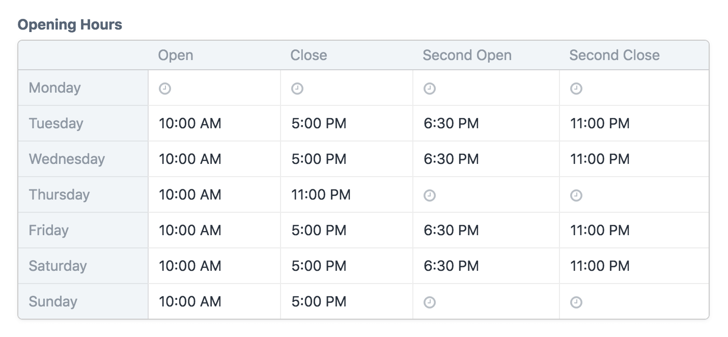 A Store Hours field with four custom time slots