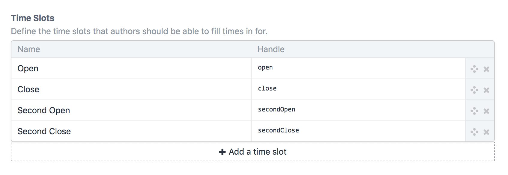 A Time Slots field setting with “Open”, “Close”, “Second Open”, and “Second Close” slots defined