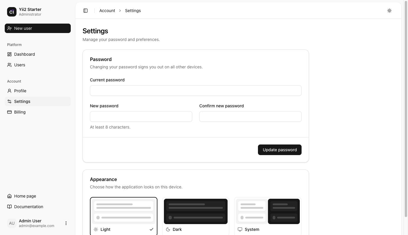 Settings page with password and theme options