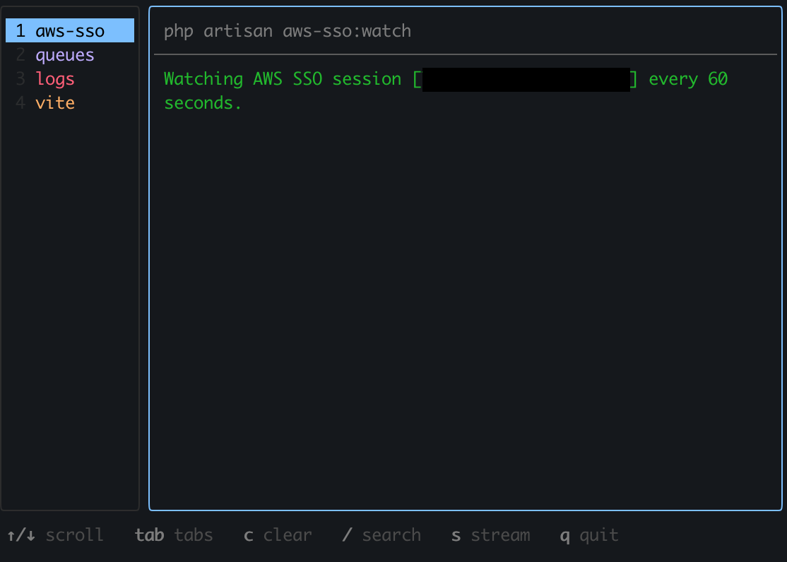 Laravel dev console with the AWS SSO session watcher running alongside queues, logs, and Vite