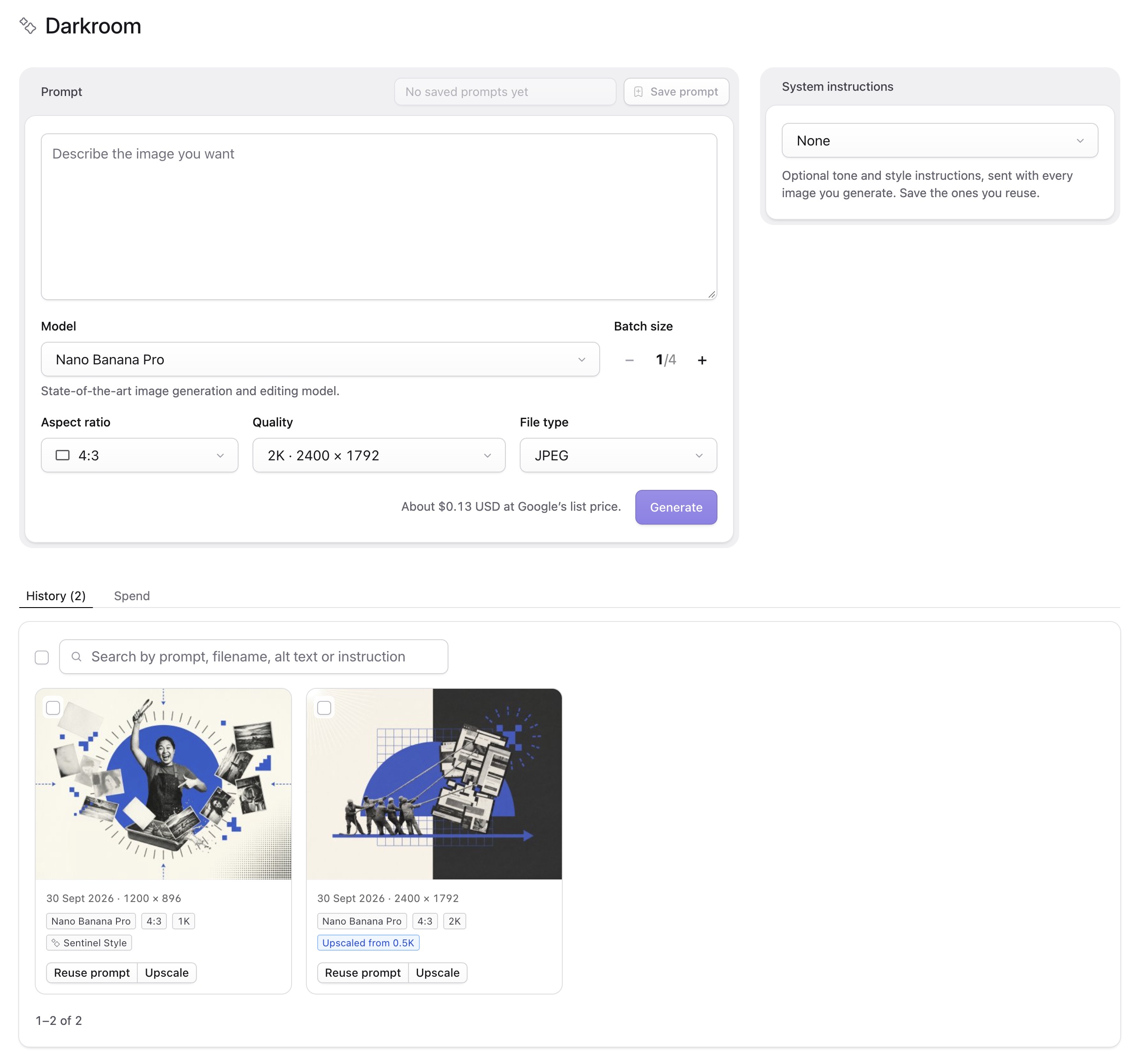 The Darkroom page in the Statamic Control Panel: the prompt, model, batch size, aspect ratio, quality and file type, the estimated cost beside Generate, system instructions, and the History tab of saved images