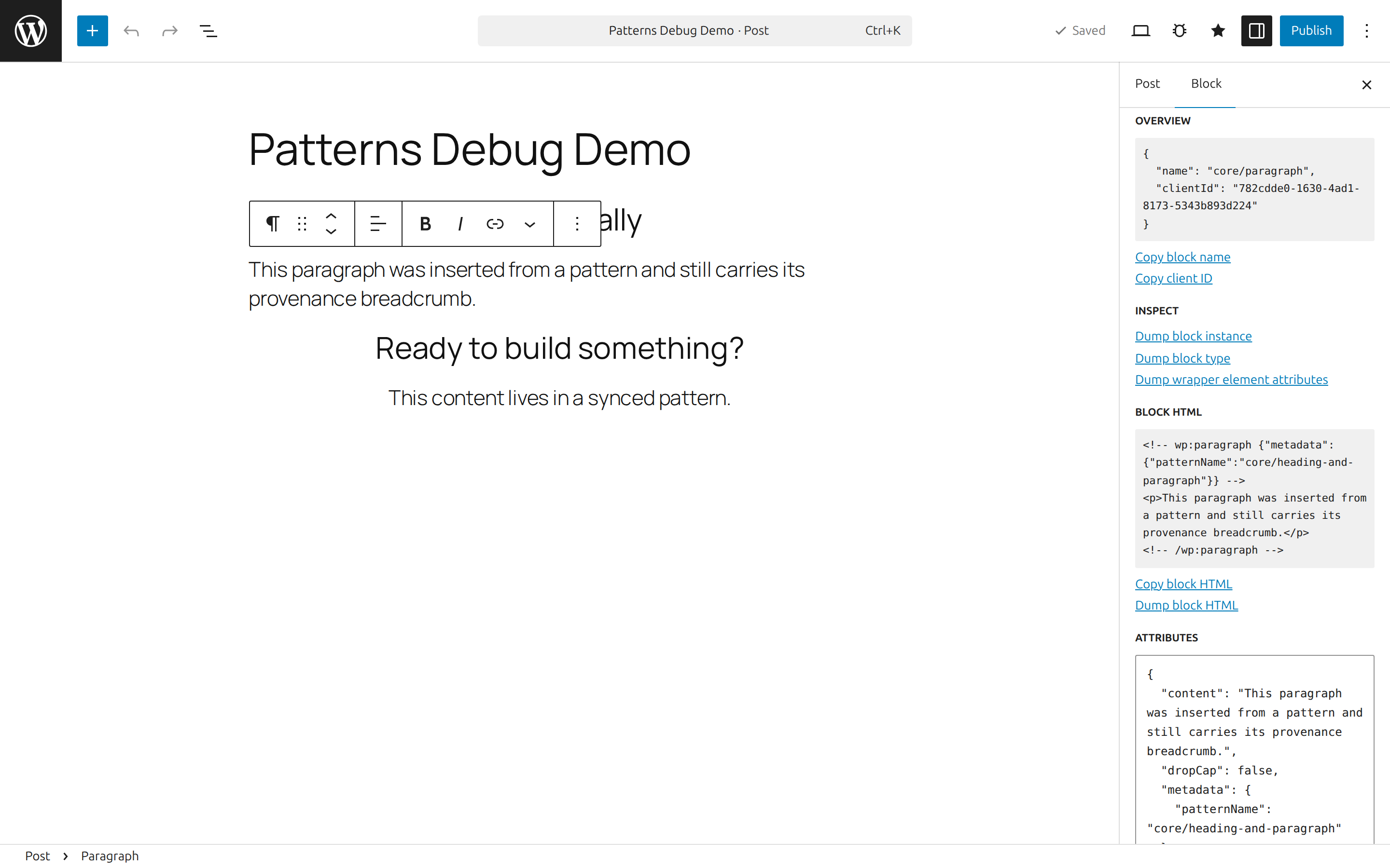 Debug panel in the block inspector