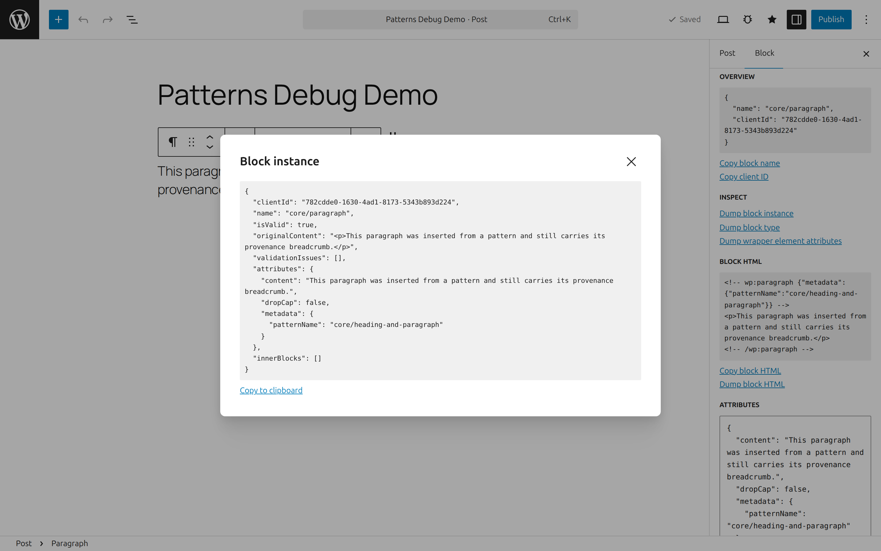 Dump modal showing the block instance