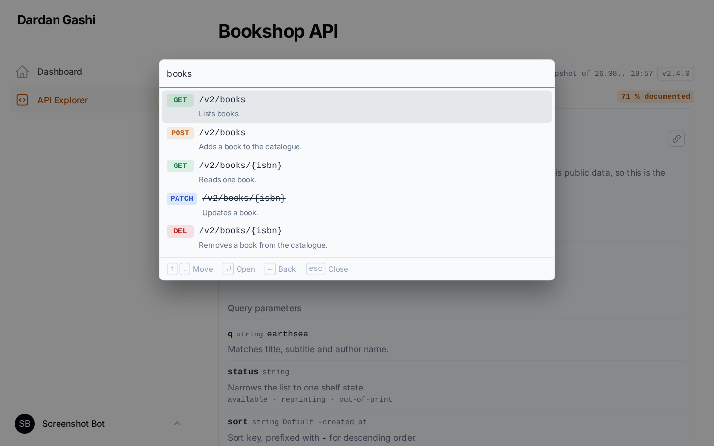 The command palette open, filtering endpoints as you type