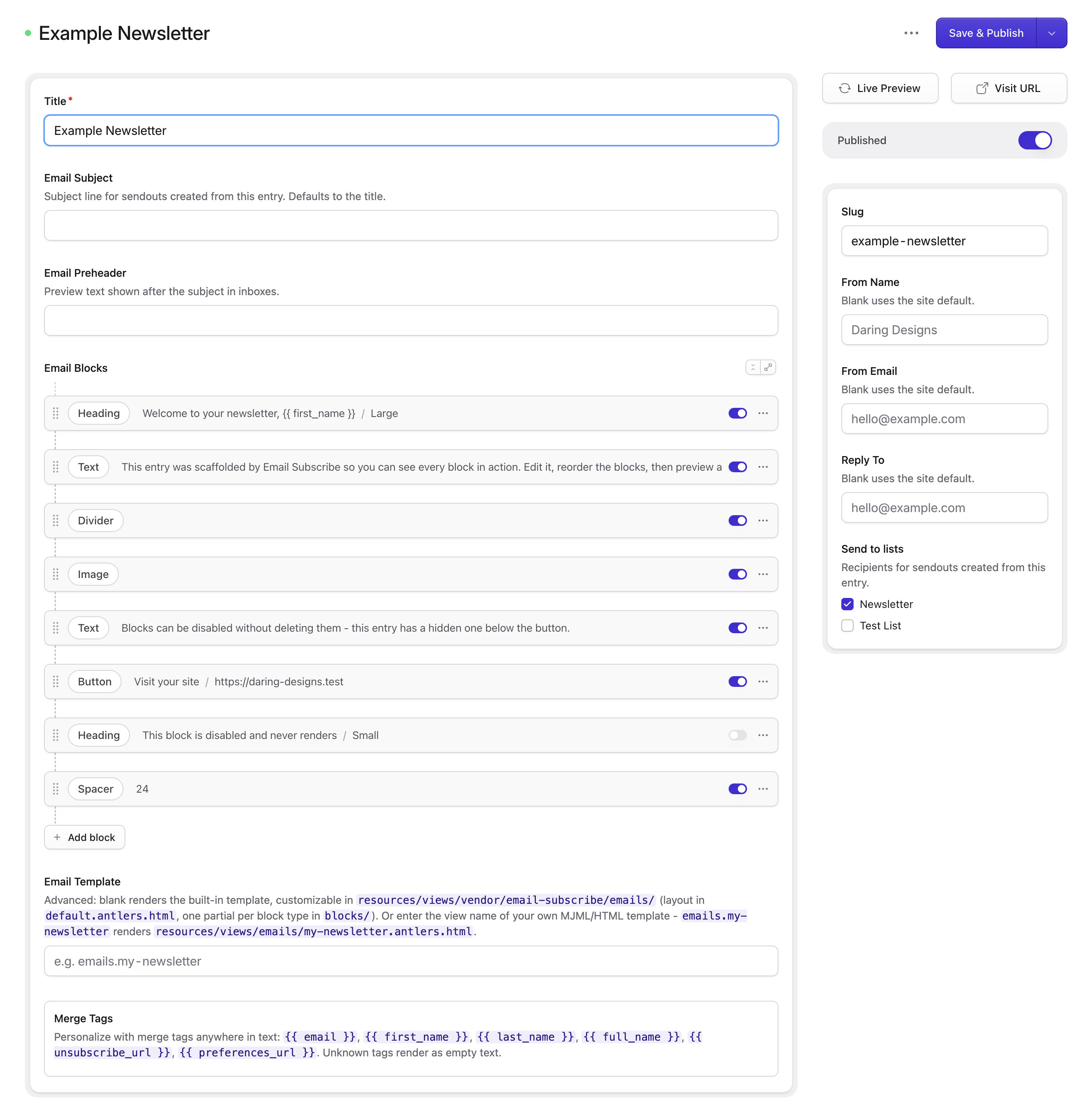 The newsletter entry editor β blocks, sender settings, recipient lists, and merge tags