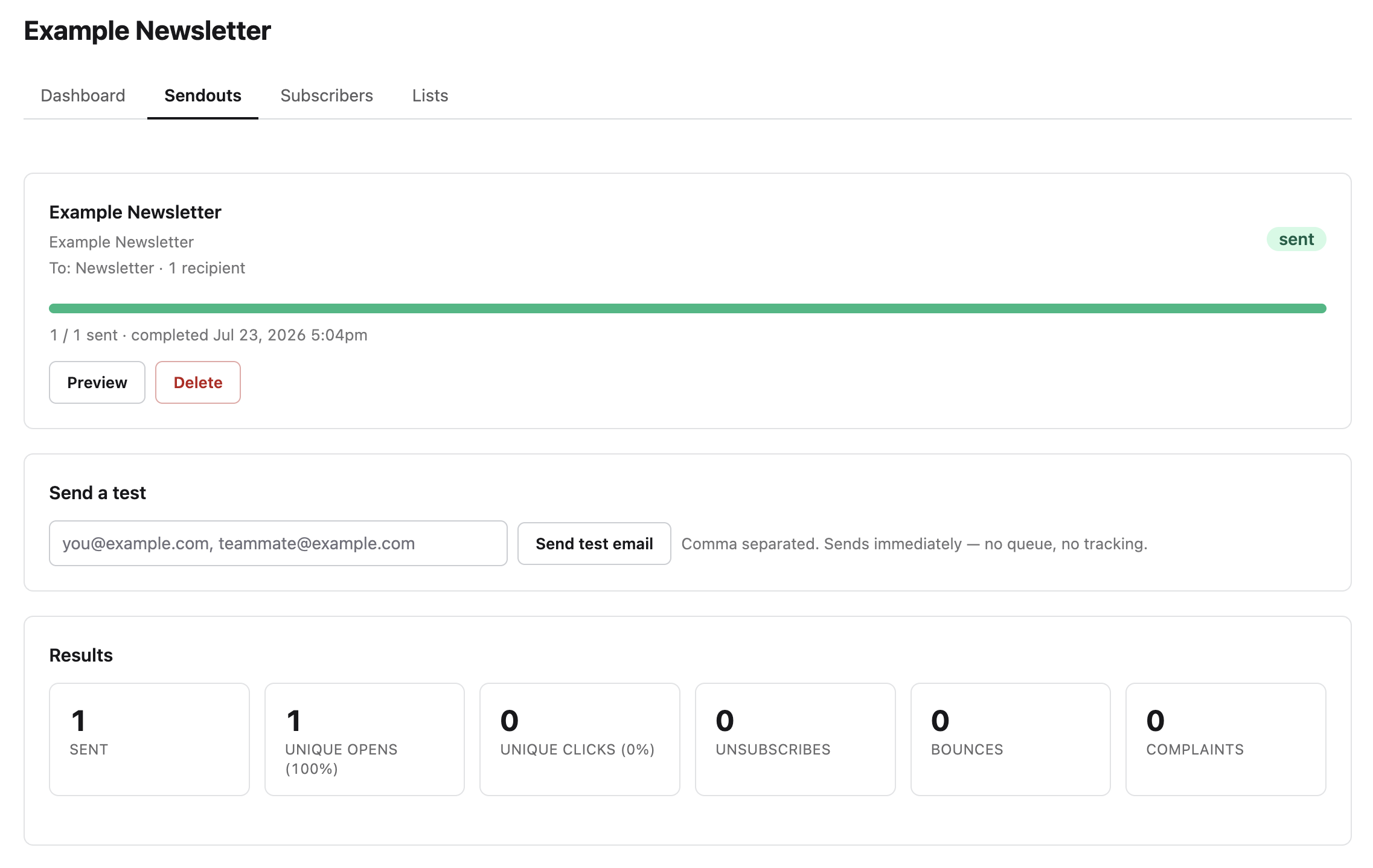 A completed sendout β status, recipient count, a test-send box, and per-campaign results
