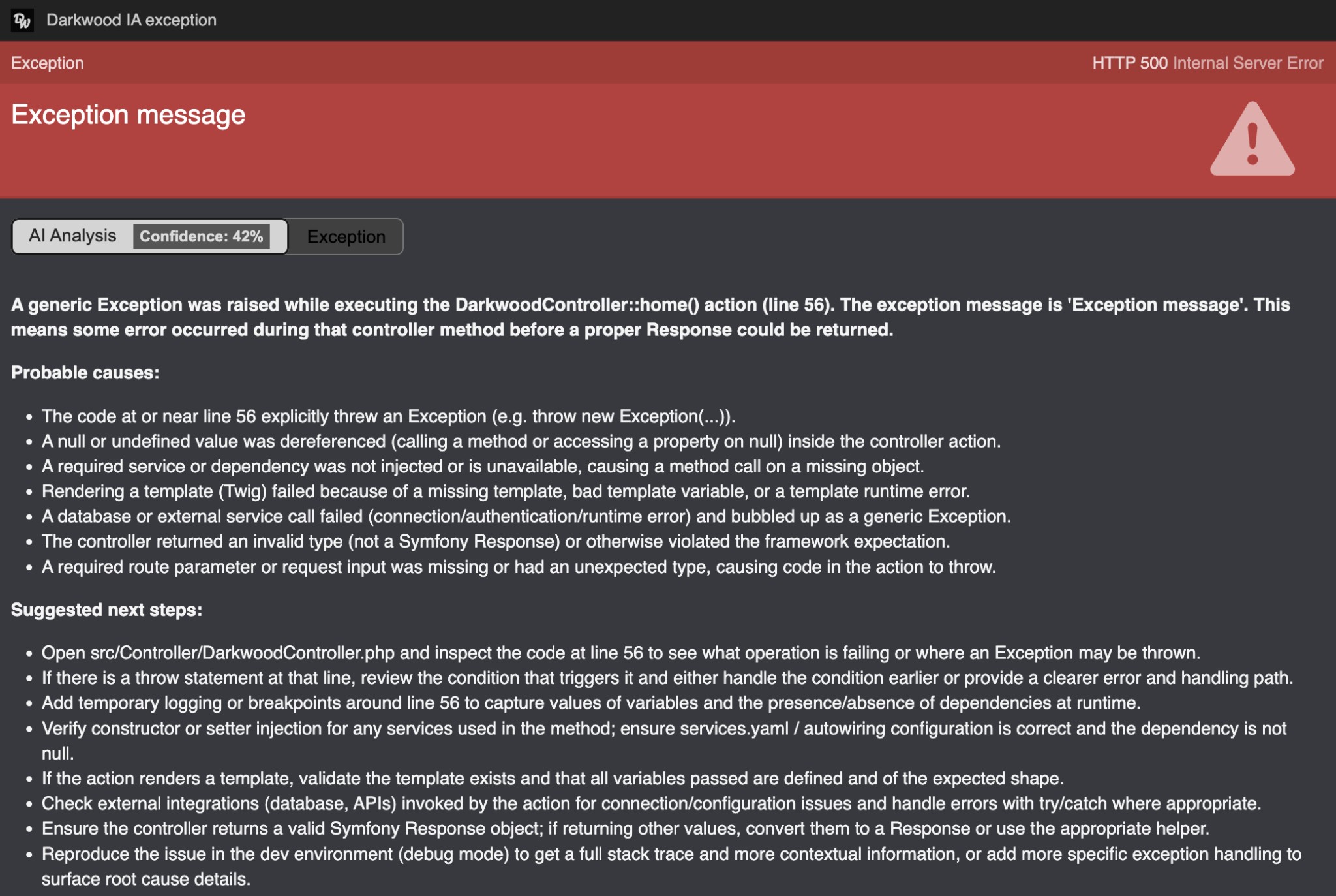 Darkwood IA exception error page