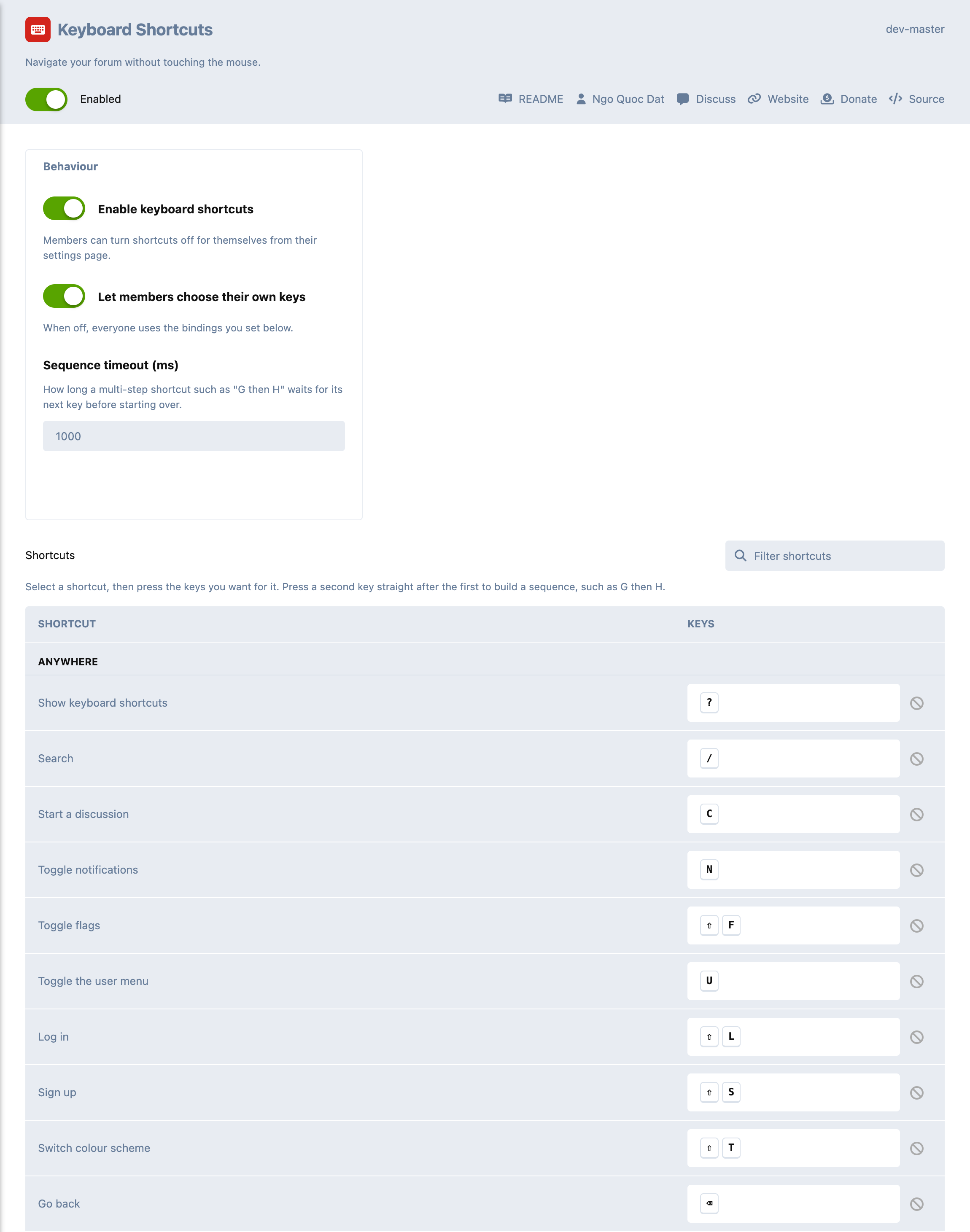 The admin page: behaviour settings in a card, and a table of every binding