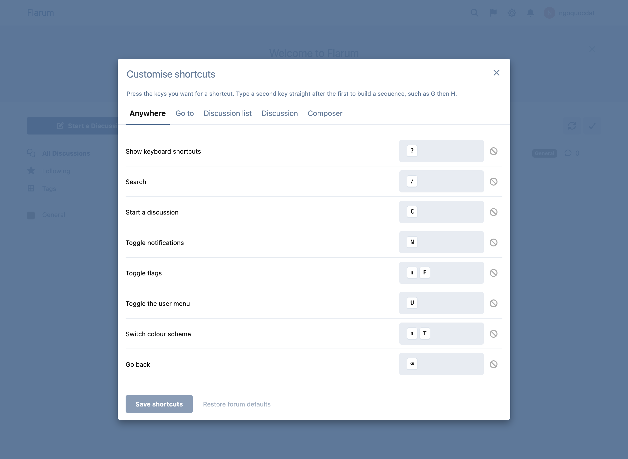 The customisation form, with a tab per group and a recorder field per shortcut