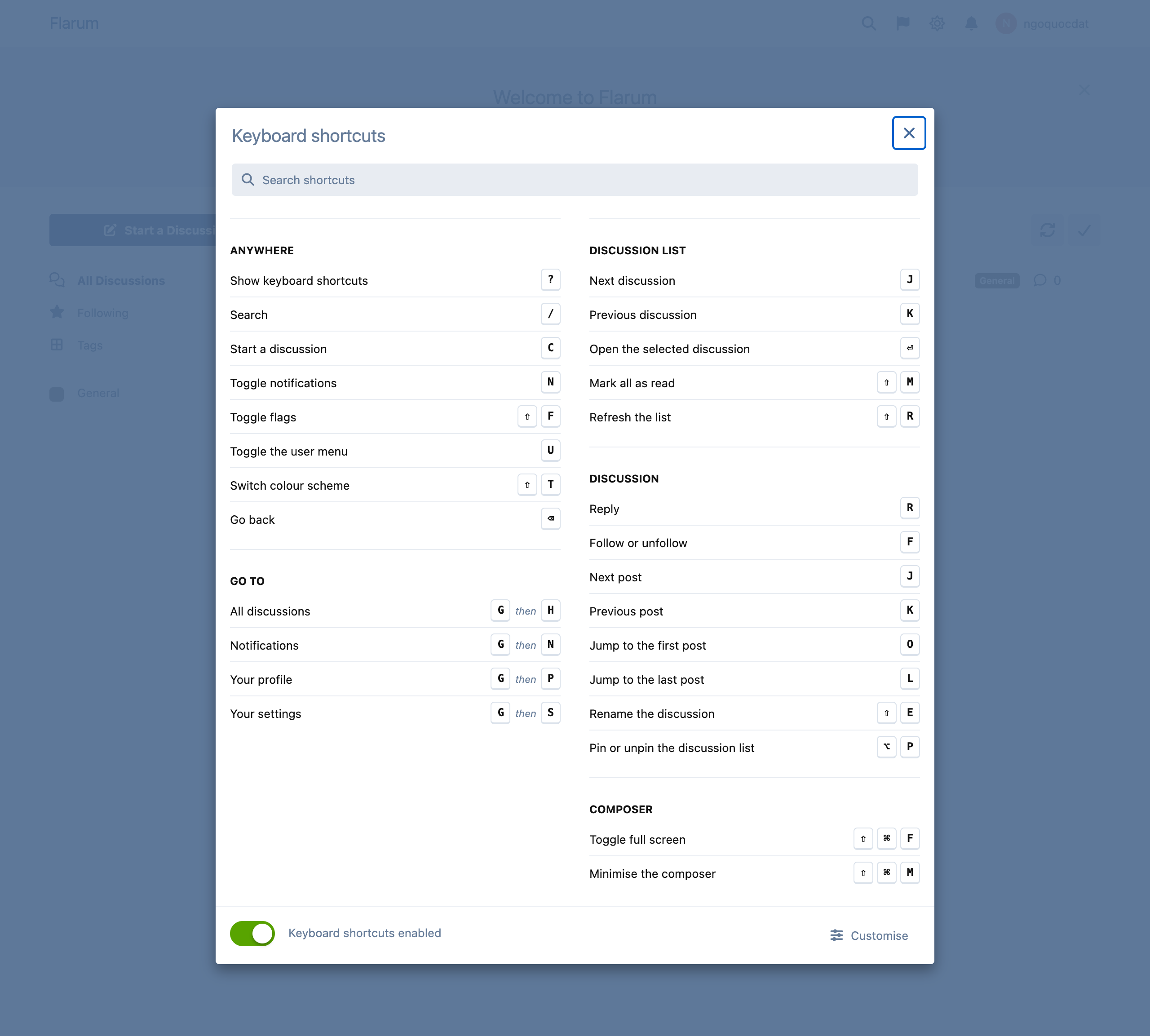 The cheat sheet open over the forum, listing every shortcut grouped by where it applies