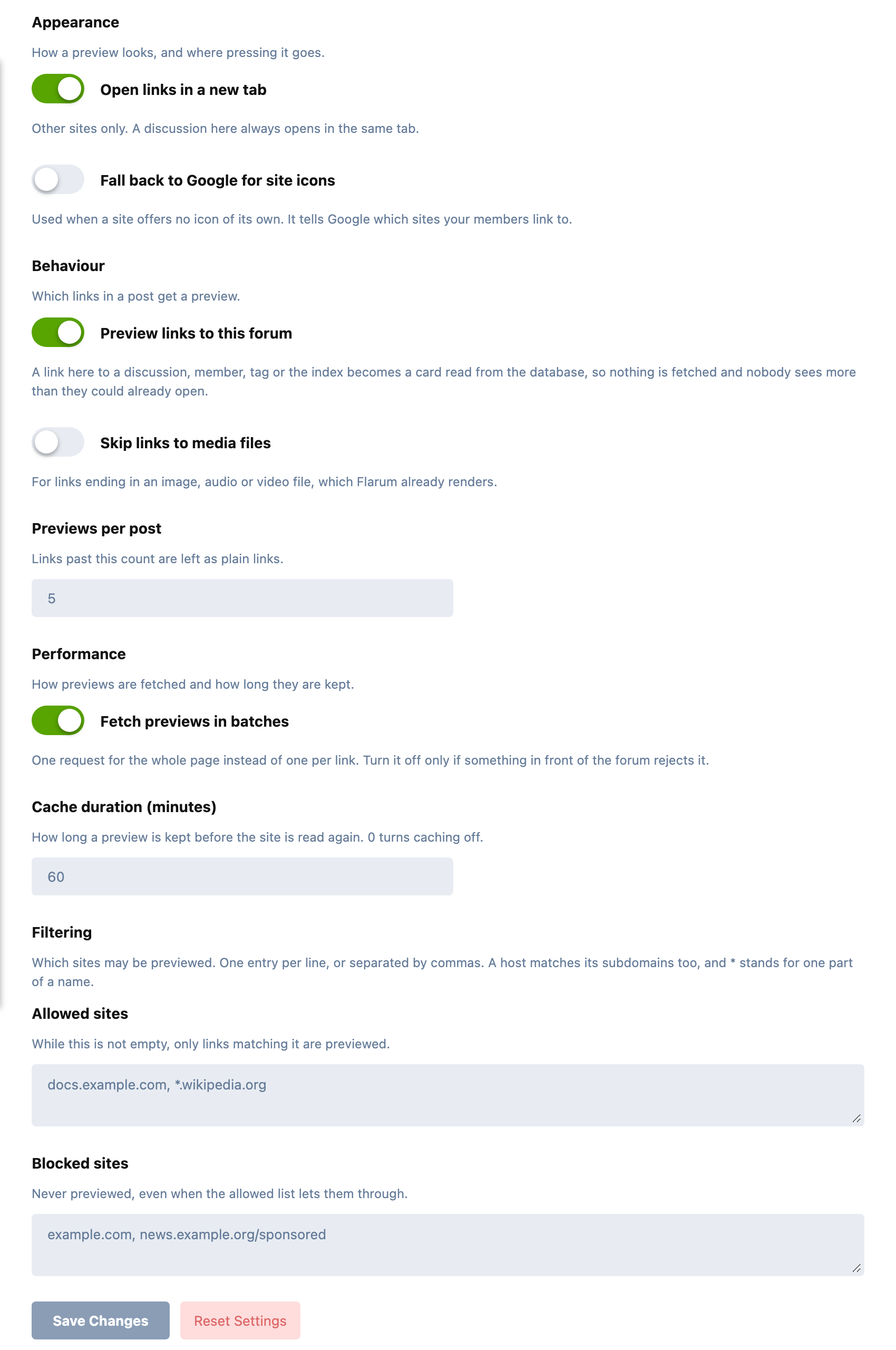 The settings page