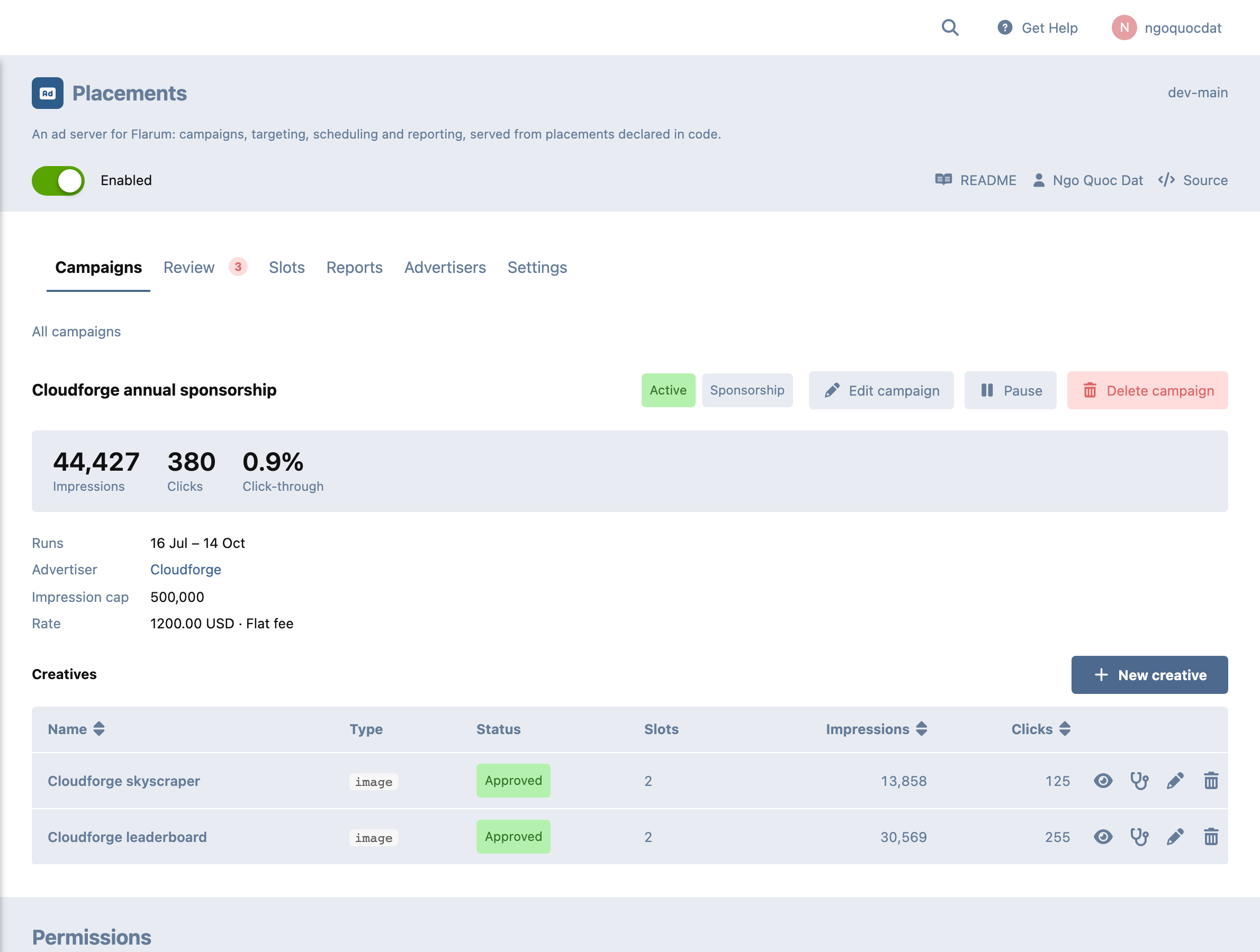 One campaign: delivery figures, its flight, advertiser, cap and rate, and the creatives under it