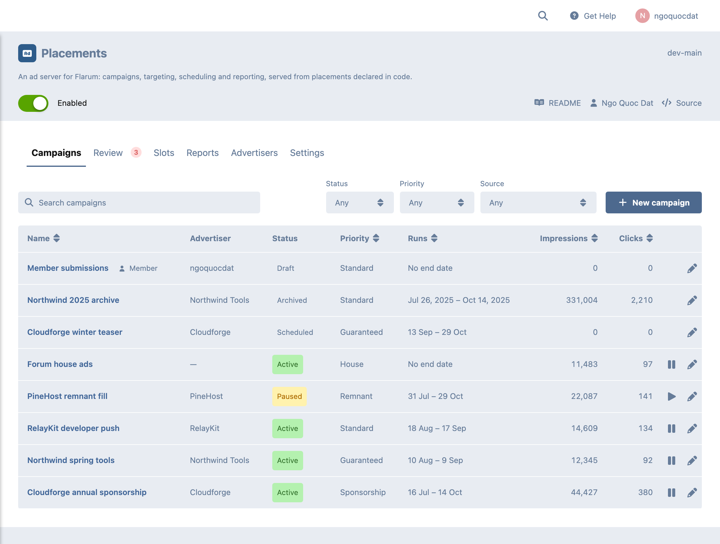 The campaigns list: search and filters, then a table of campaigns with their advertiser, status, priority, flight and delivery