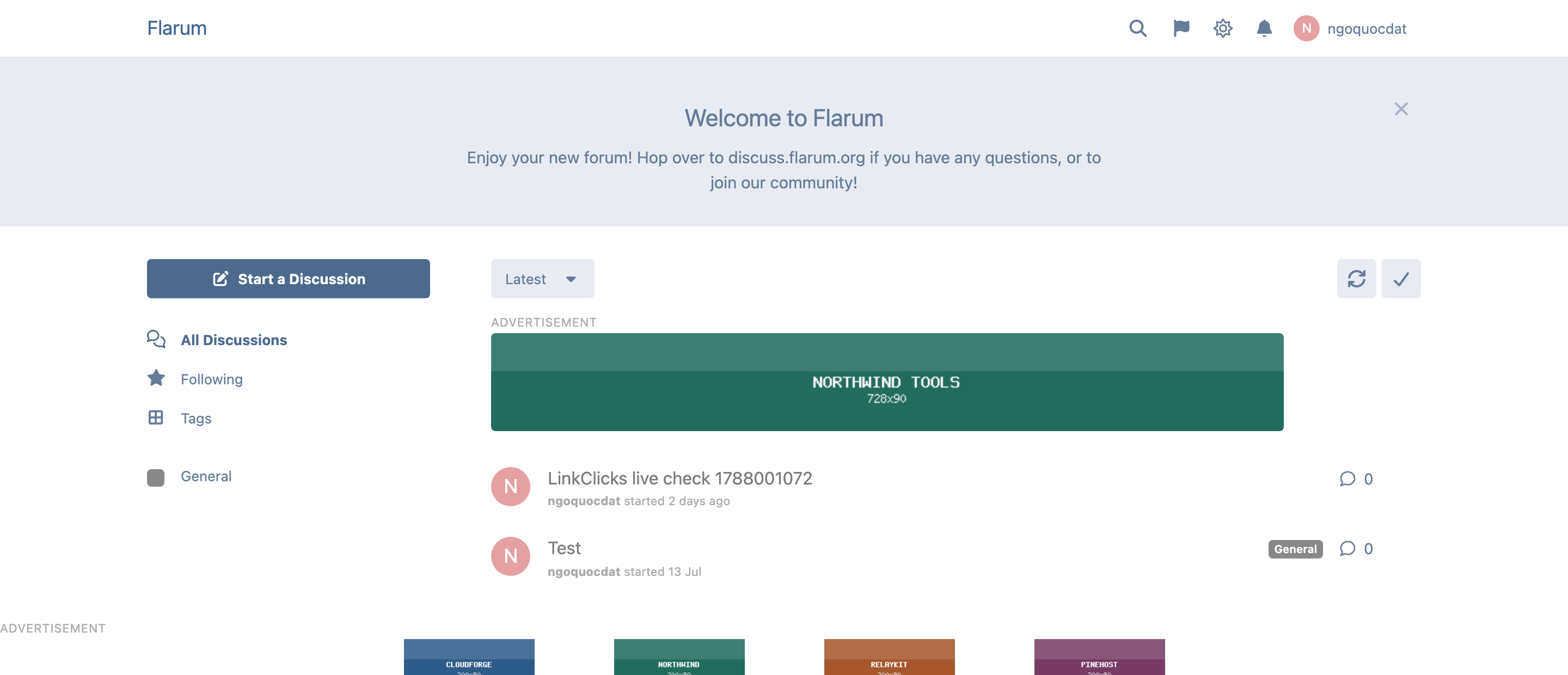A forum index page with a leaderboard above the discussion list, labelled Advertisement, and a wall of sponsor logos in the footer