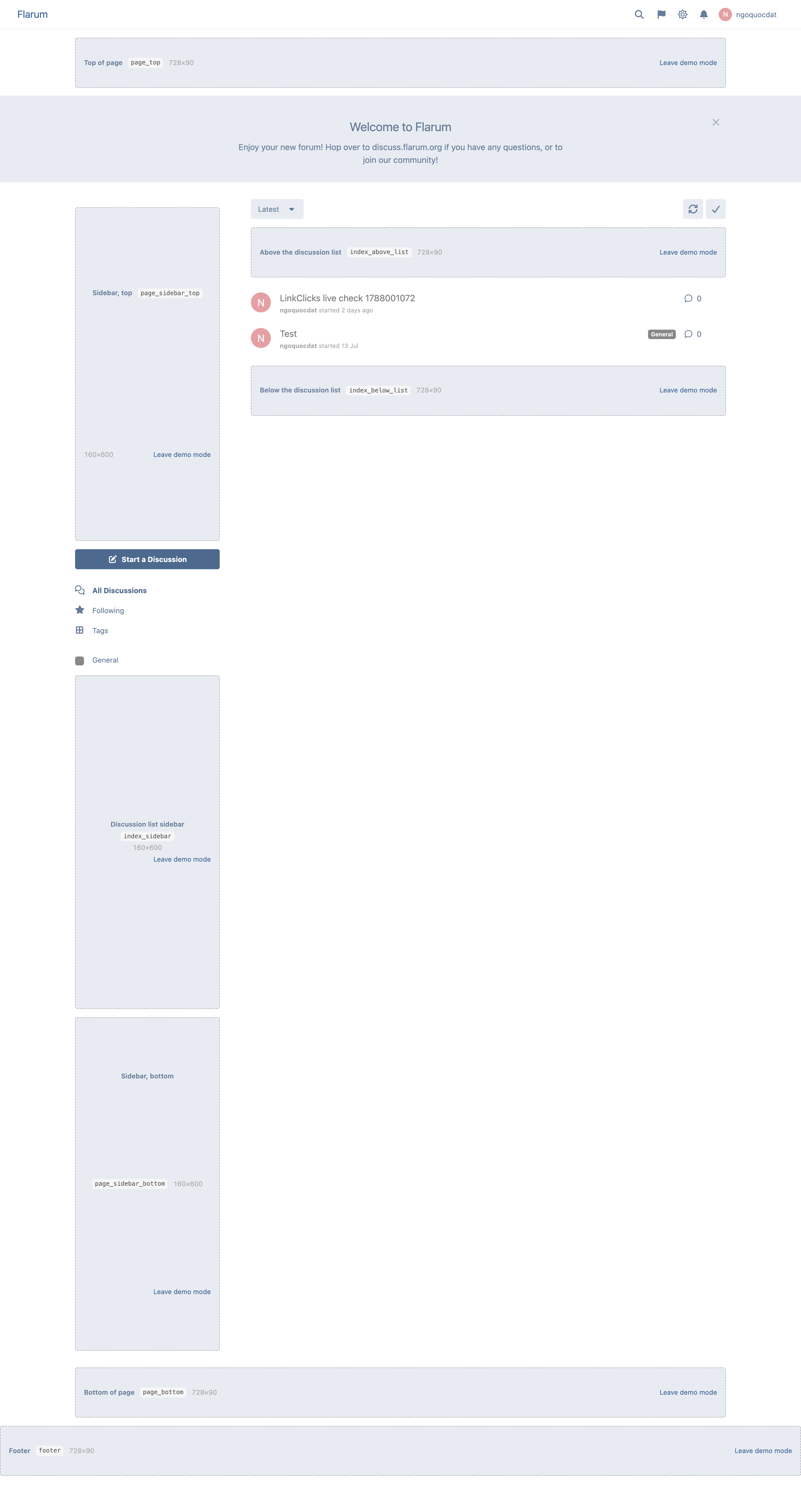 The forum in demo mode: every slot outlined and labelled with its name, key and recommended size