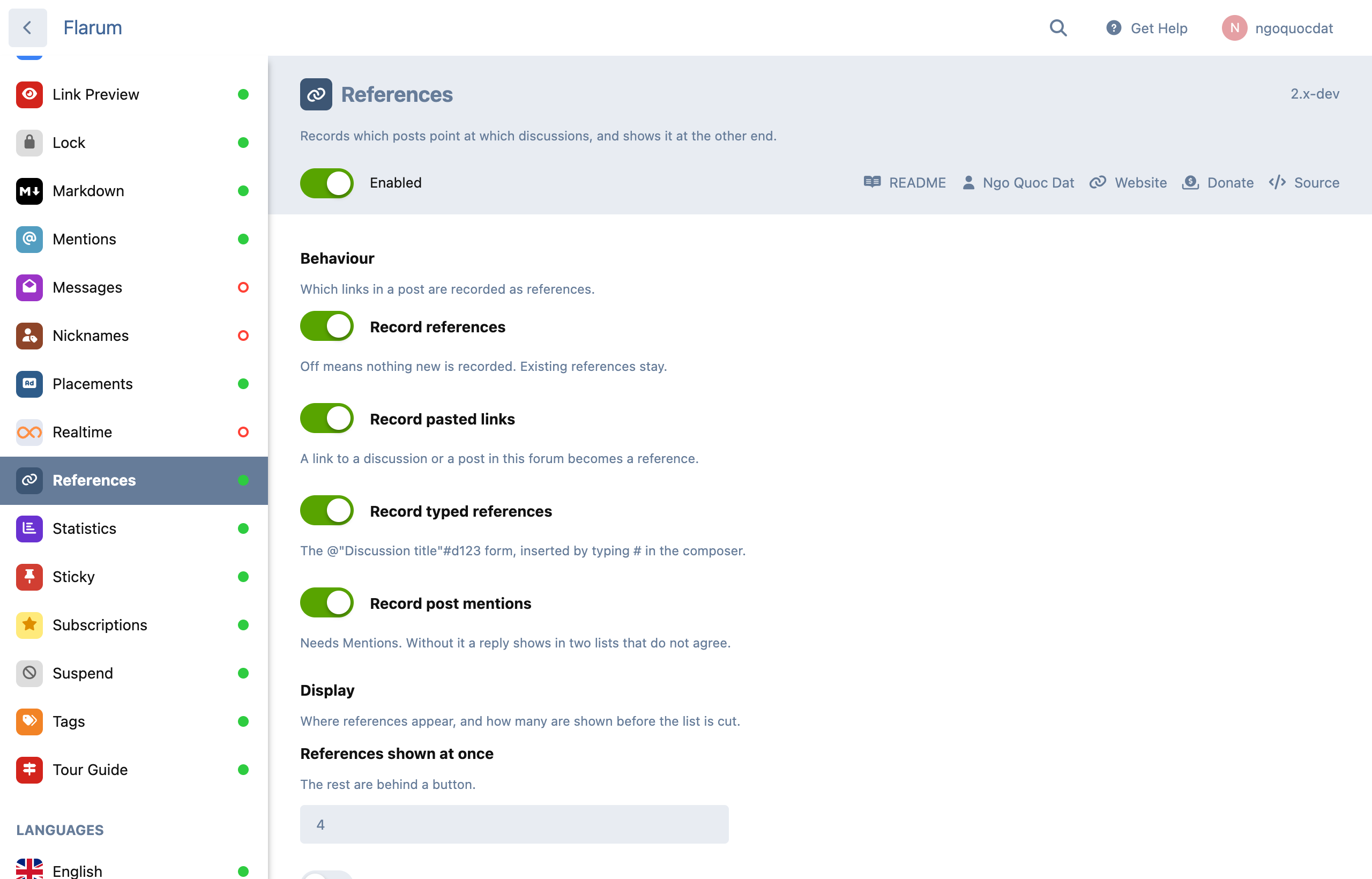 The settings page