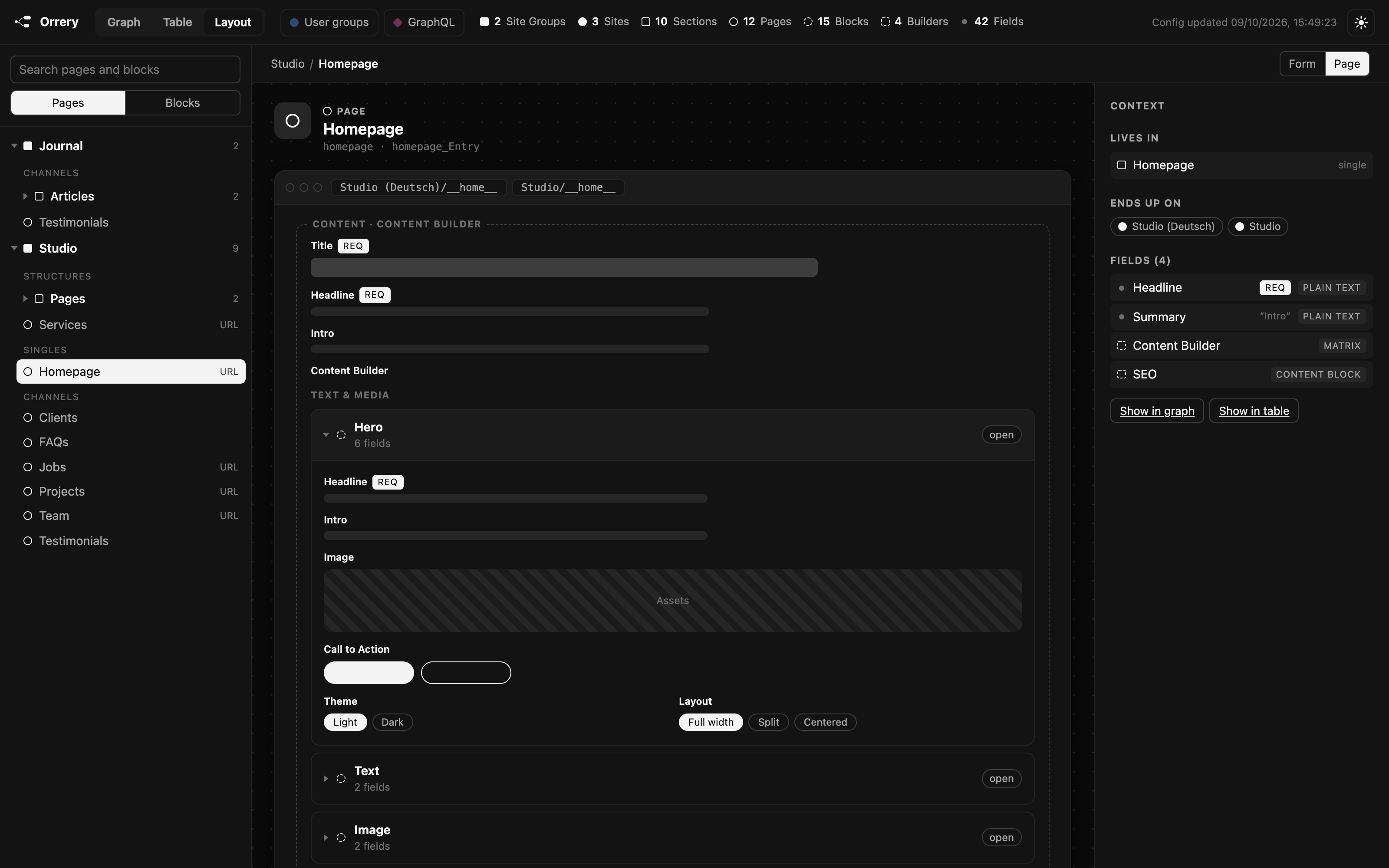 The layout view drawing a page as a wireframe, in dark mode