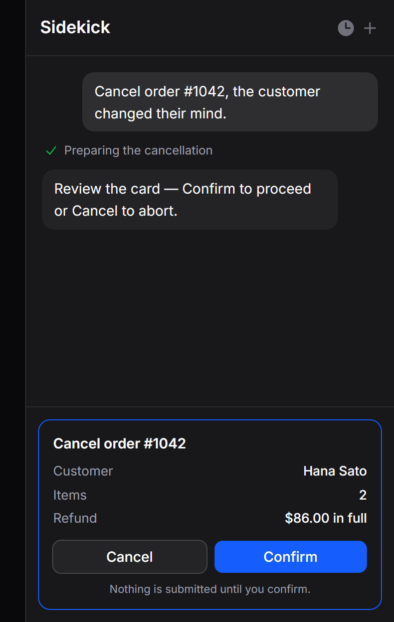 A confirmation card awaiting the user (dark)