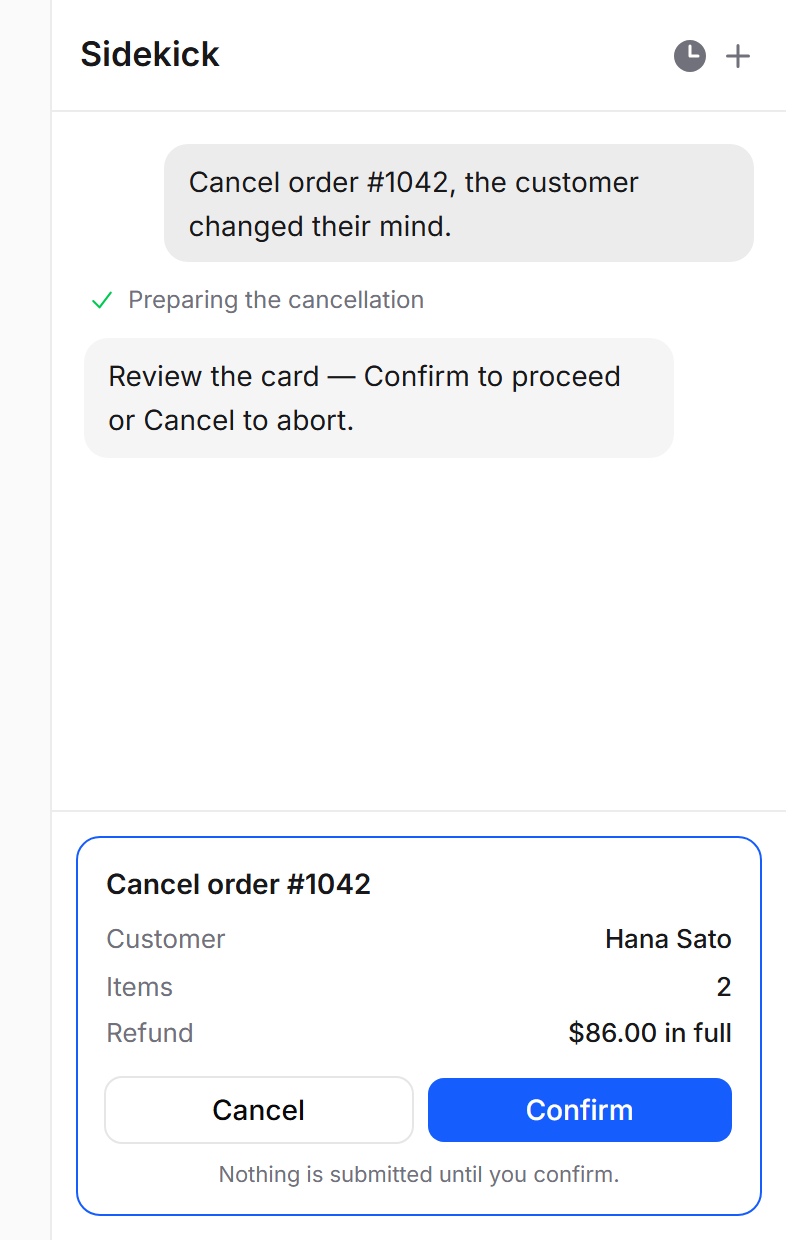 A confirmation card awaiting the user (light)