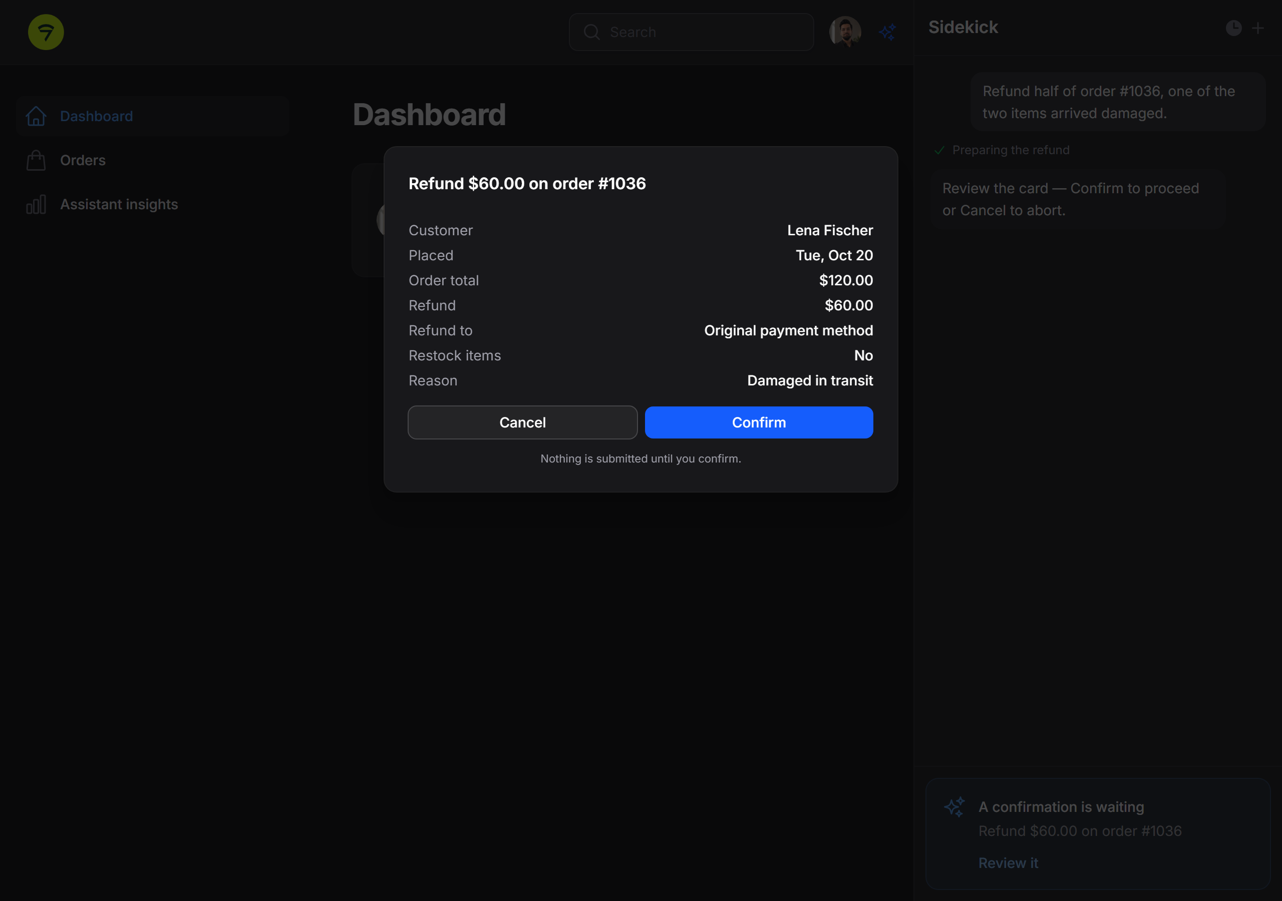 A modal confirmation over the page (dark)
