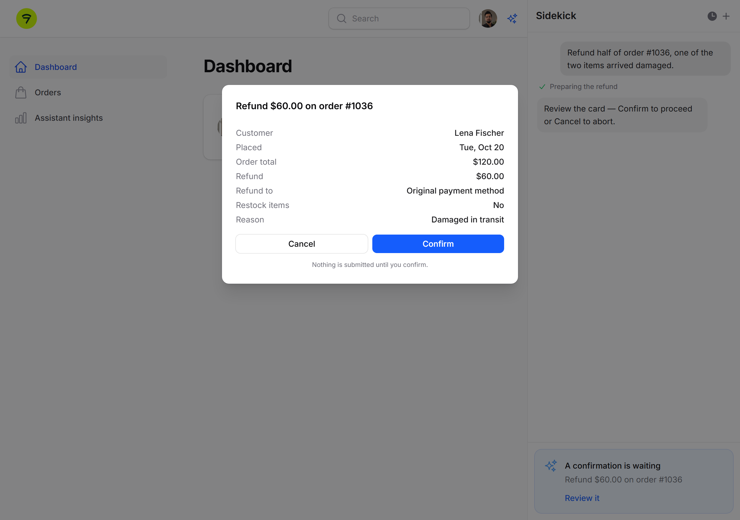 A modal confirmation over the page (light)