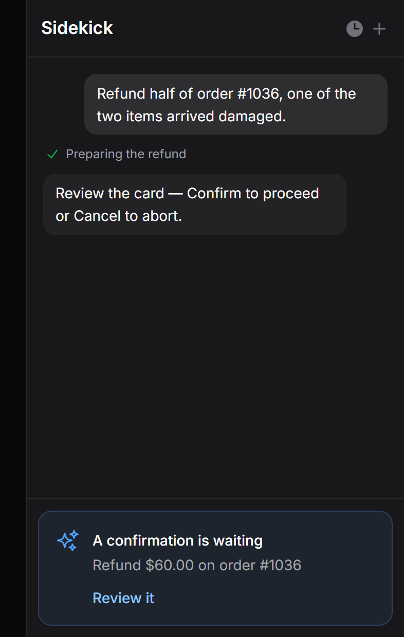 The panel's link back into a modal confirmation (dark)