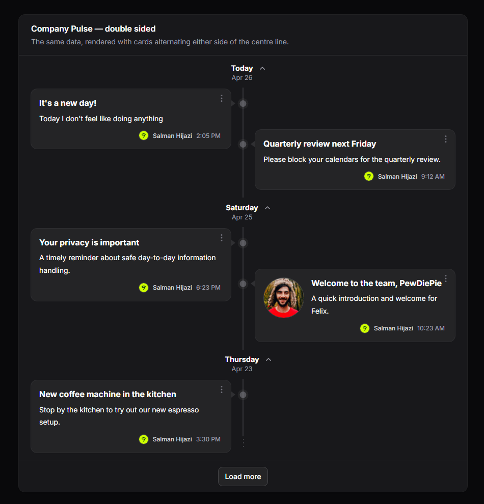 Double-sided timeline, dark mode