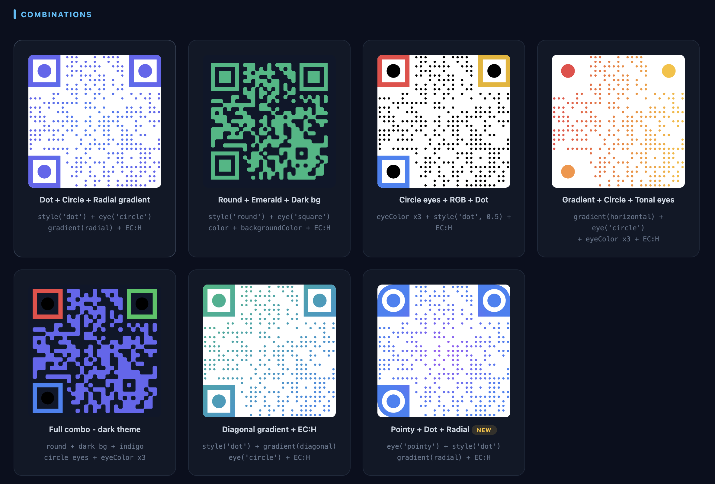 Combination examples — dot+gradient, round+color, full dark theme