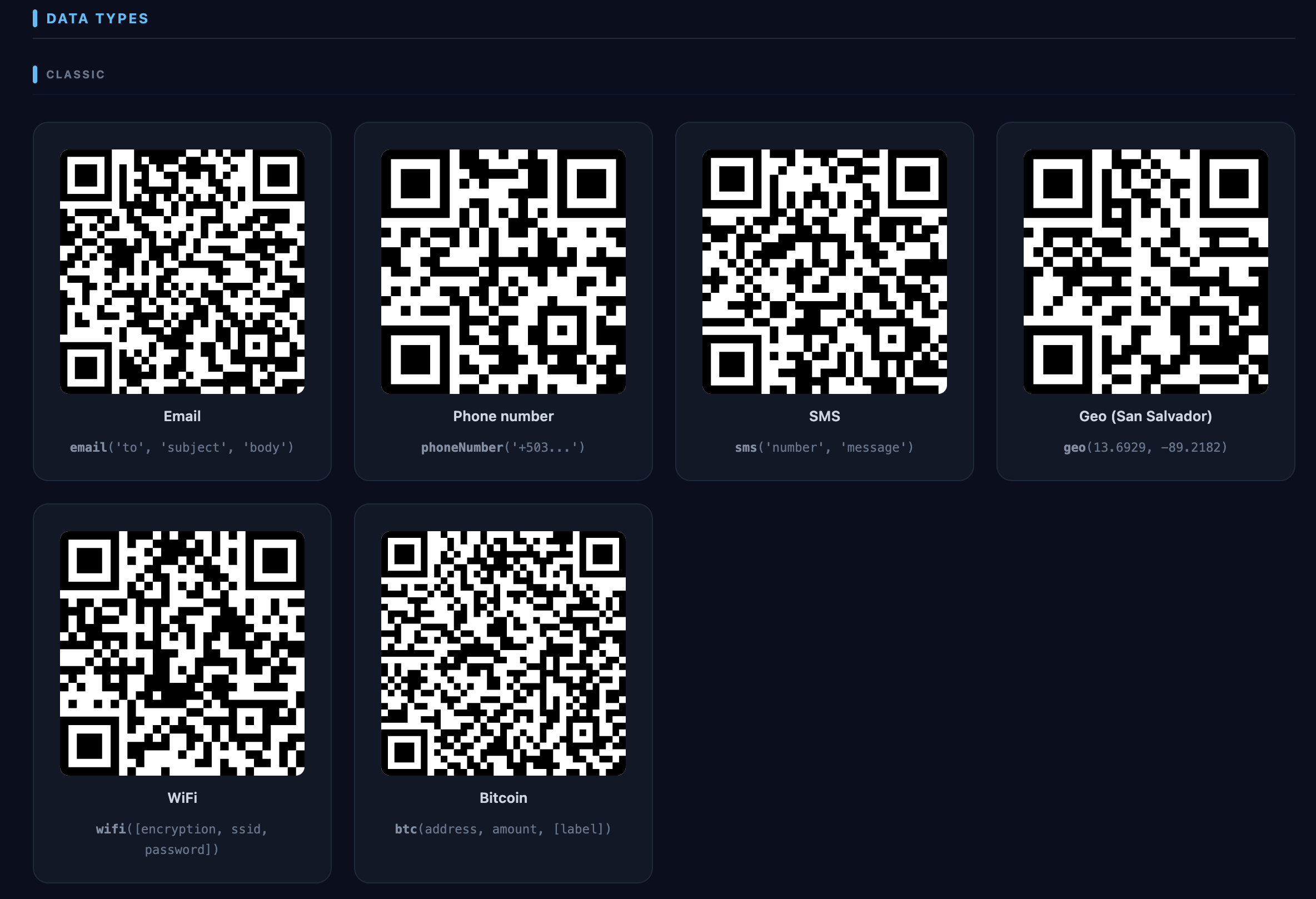 Data types — Email, Phone, SMS, Geo, WiFi, BTC, vCard, MeCard, Calendar, WhatsApp