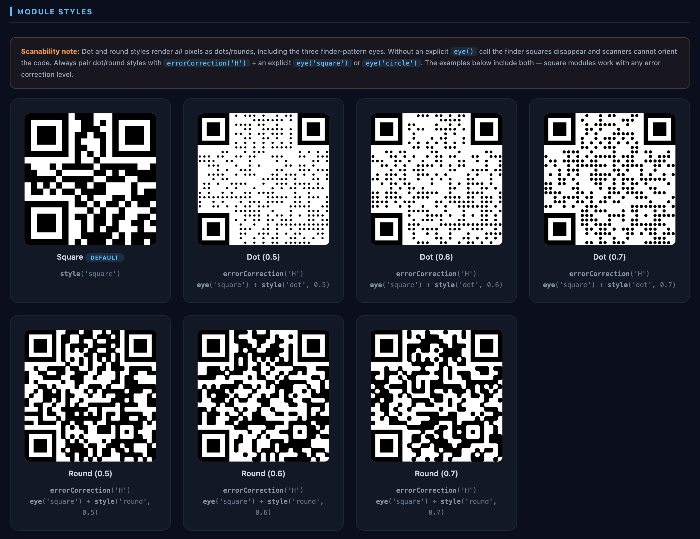 Module styles — Square, Dot, Round