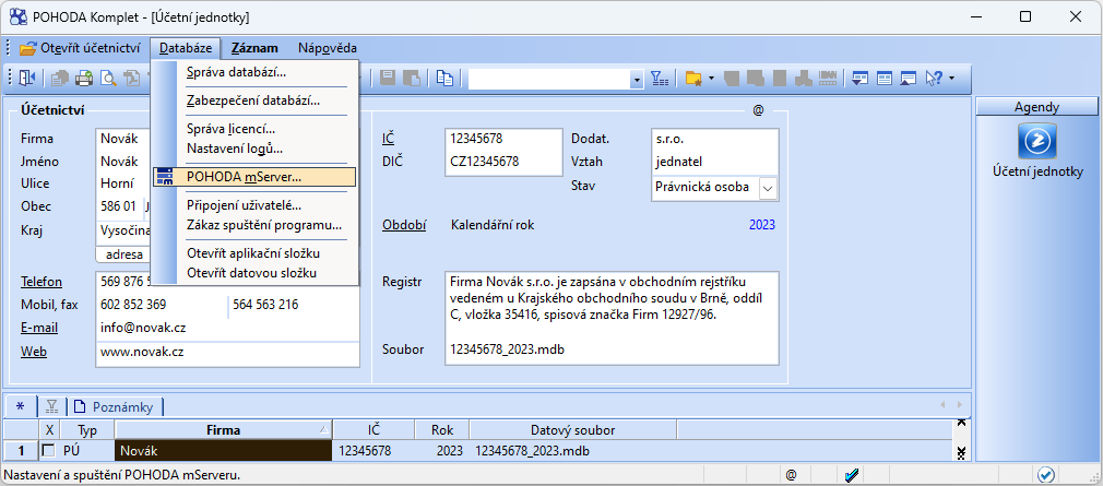 Otevření správy mServeru