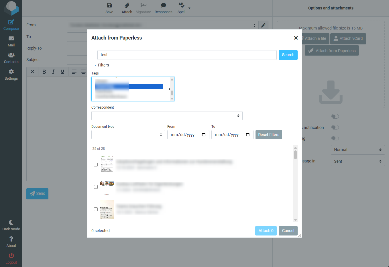 Paperless picker dialog with search, filters and results