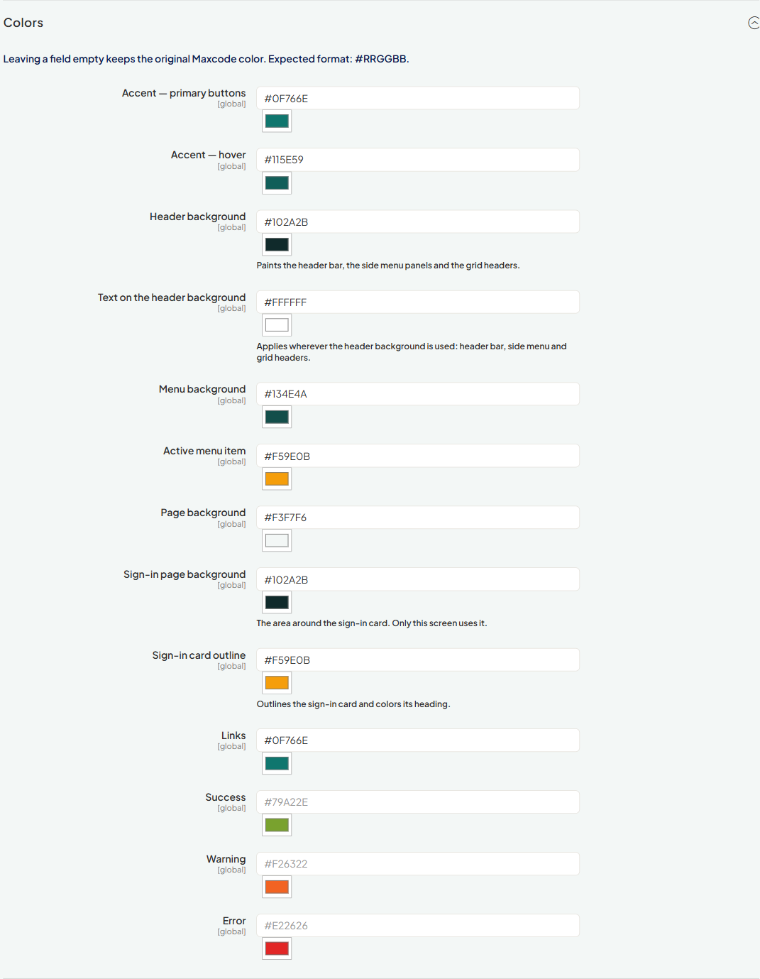 Colour settings