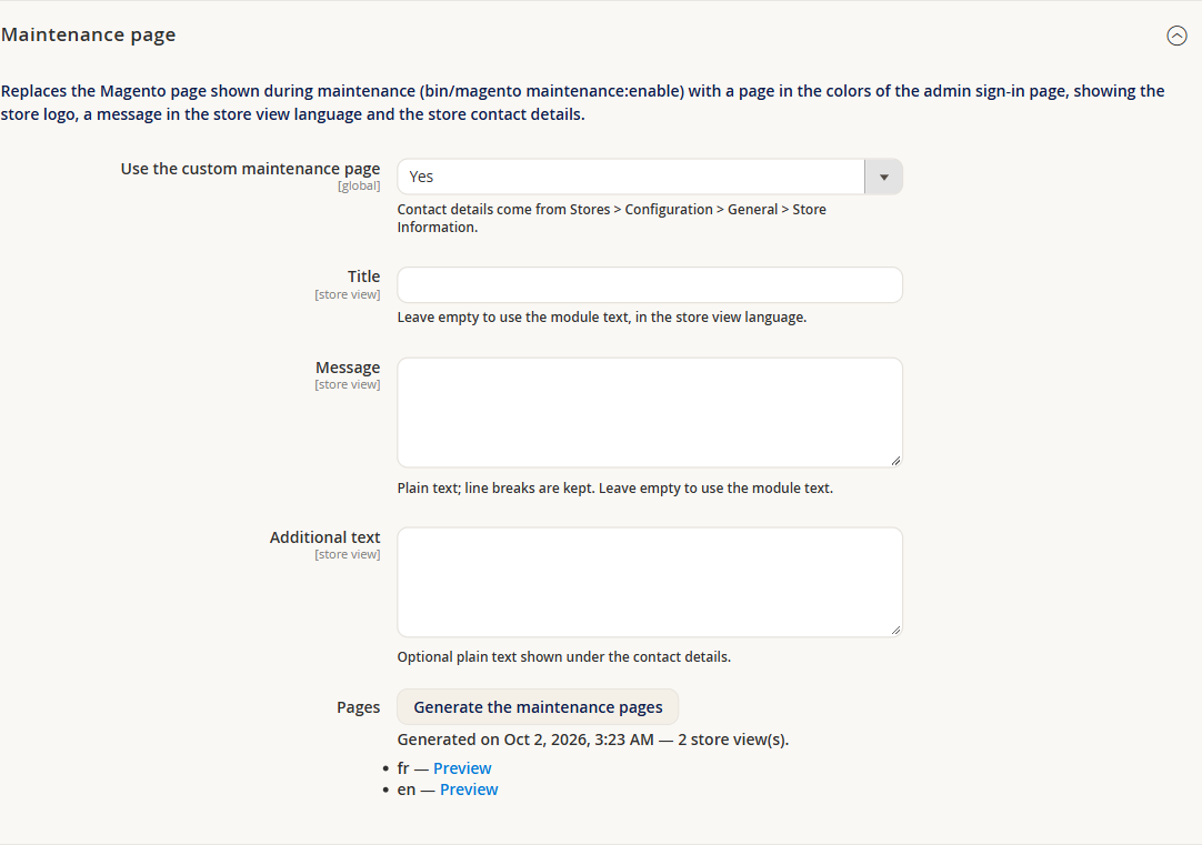 Maintenance page settings