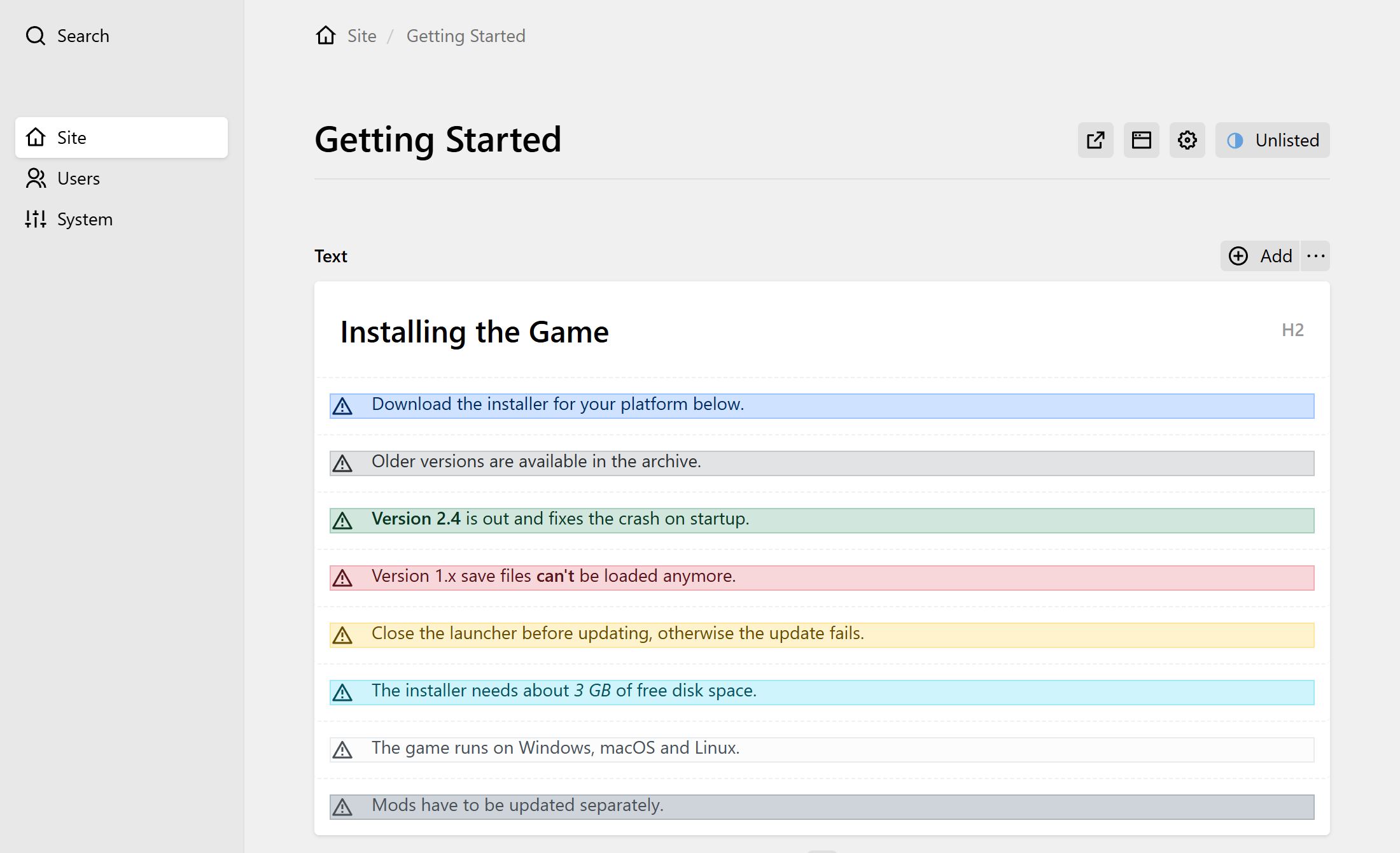 The Panel showing alert blocks in the eight Bootstrap colors