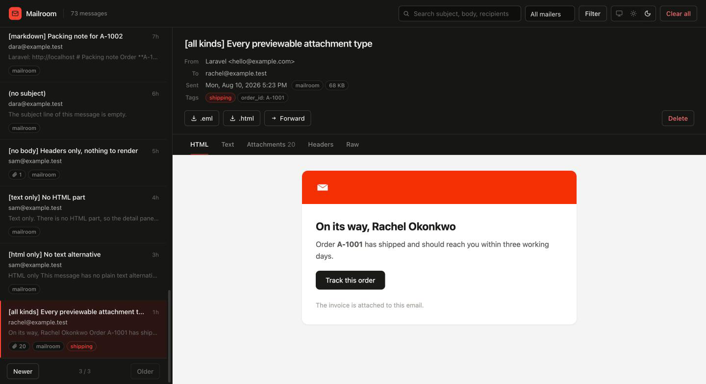 The Mailroom mailbox in dark mode