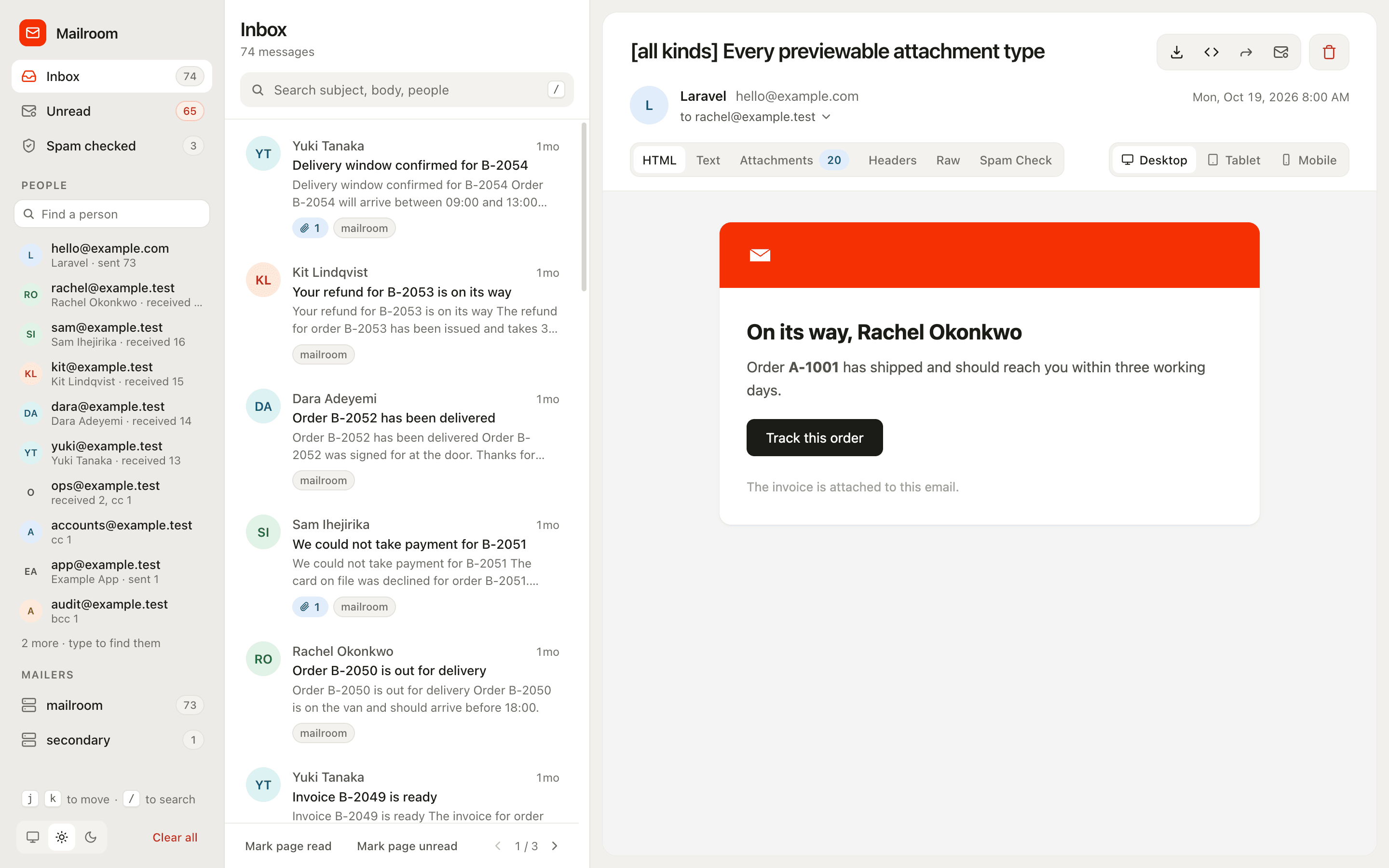 The Mailroom mailbox: a sidebar of mailboxes and people, the message list, and an open message