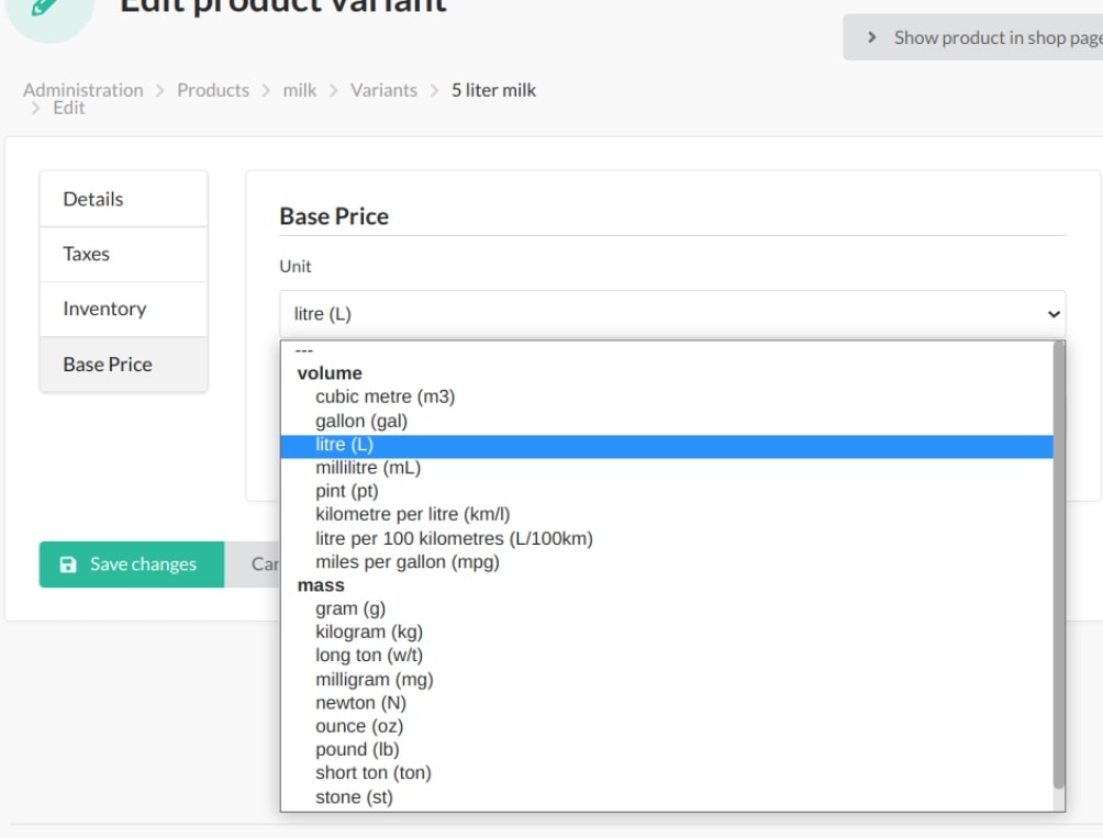 Screenshot edit product variant unit type
