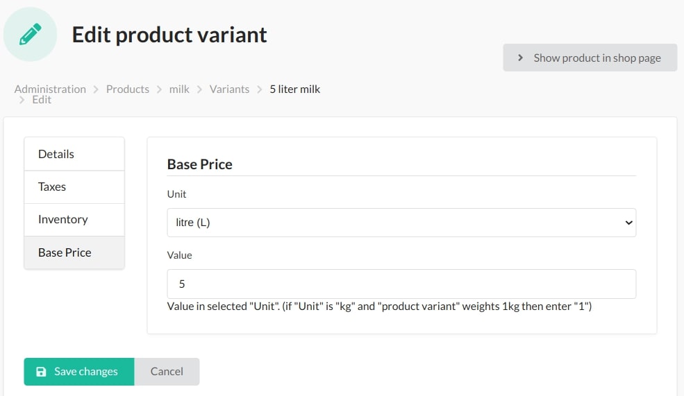 Screenshot edit product variant base price