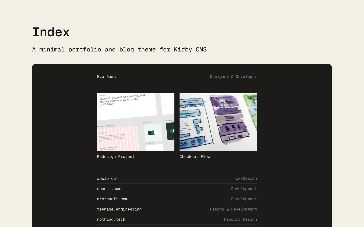 Screenshot of the Index Theme for Kirby CMS