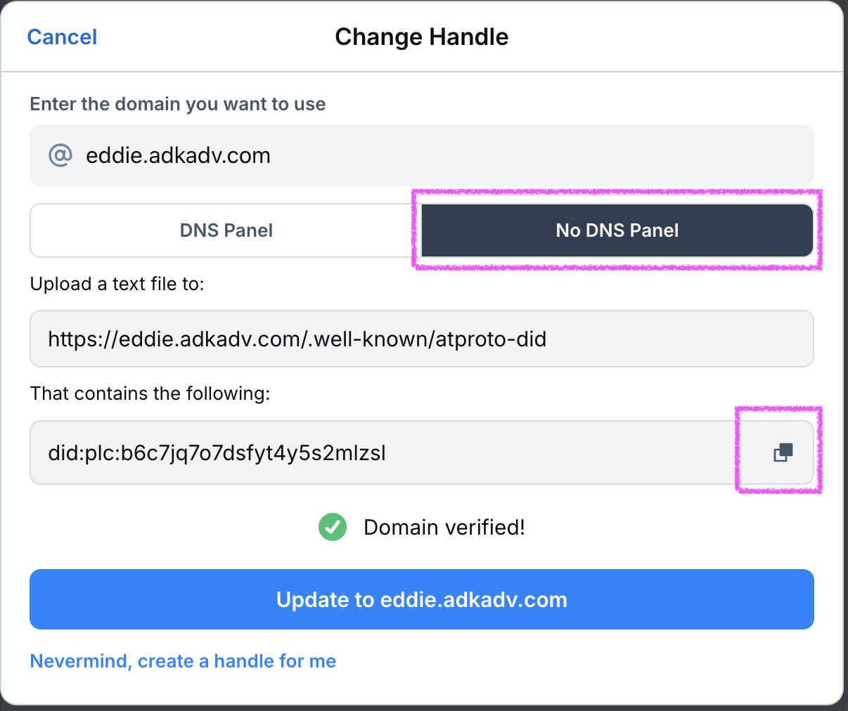 Bluesky user settings with verified custom domain