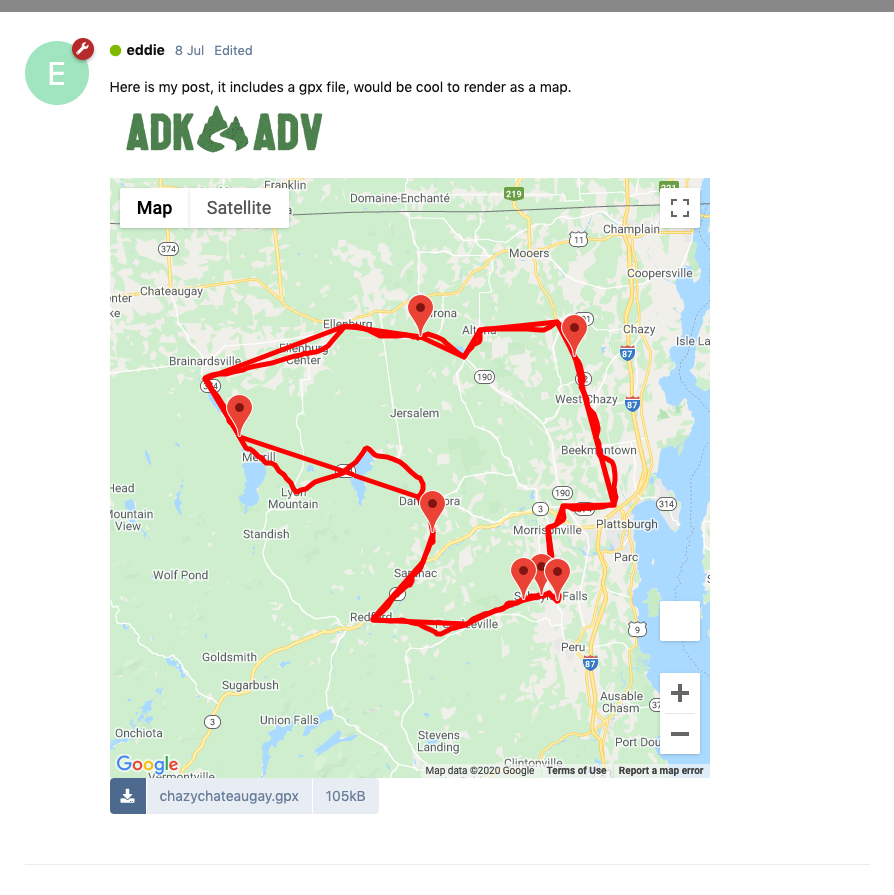 Embeds interactive map with GPS route