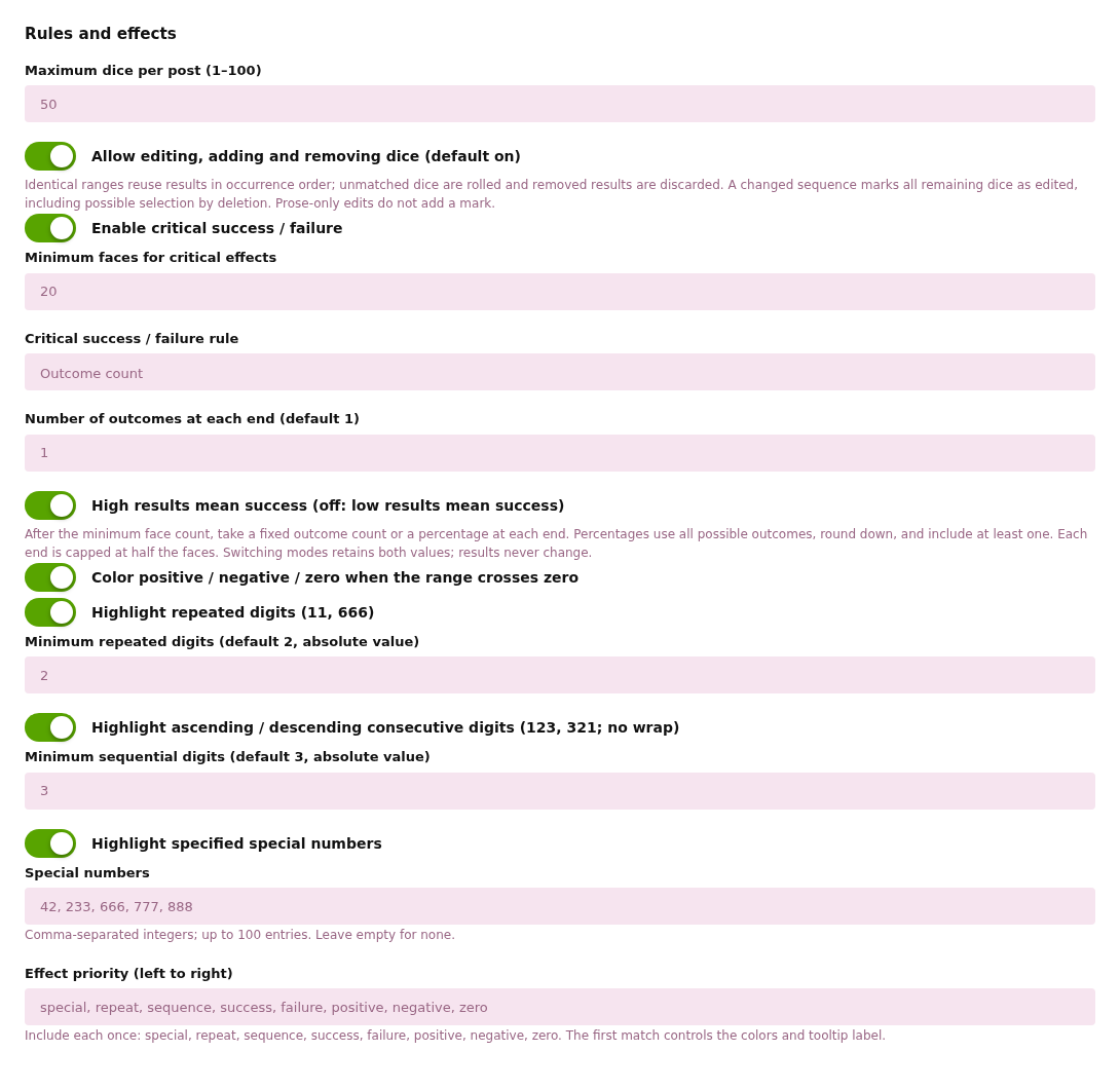 Dice administration: rules and effects