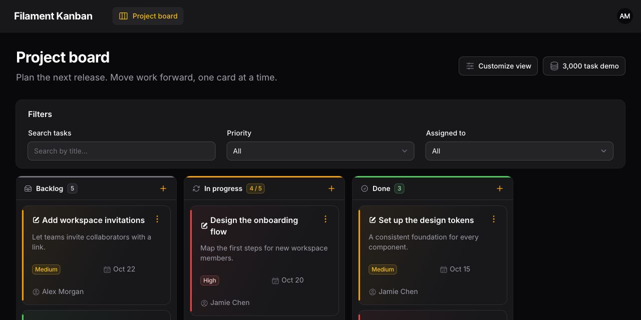 Accent cards and native filters using the standard Filament dark theme