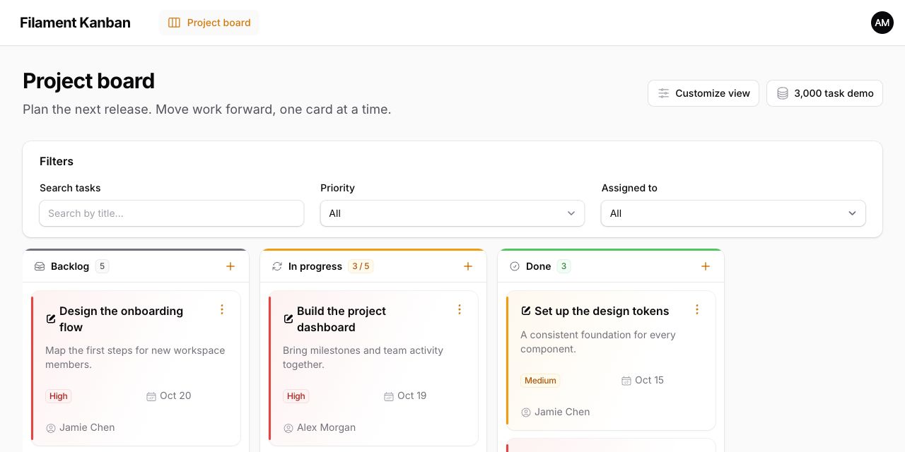 A project board with colored cards, native filters, and compact actions in the standard Filament theme
