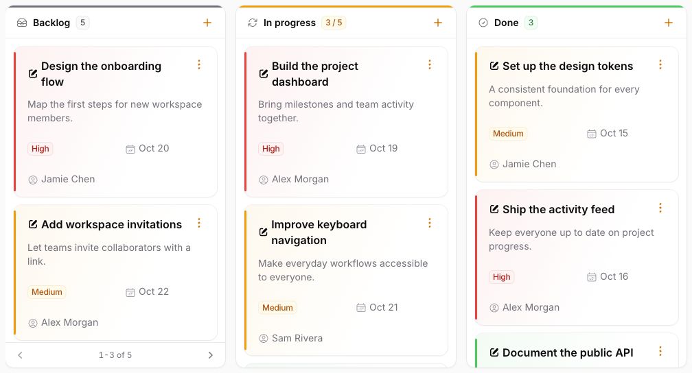 Accent layout with multiple cards and priority-based colored stripes