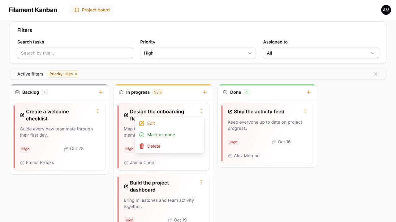 Compact card actions shown in a native Filament dropdown